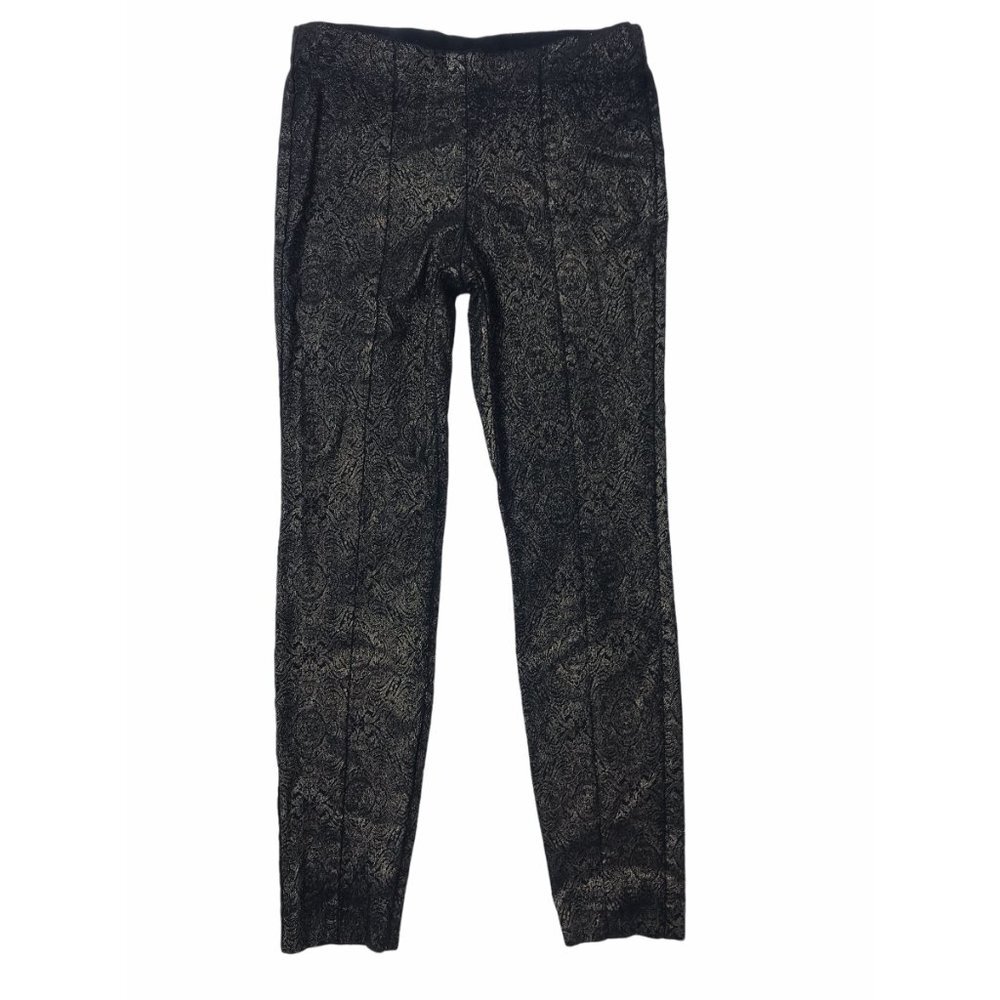 Alfani Women Gold Metallic Skinny Pants Paisley Print Black Pull On Legging Sz 4